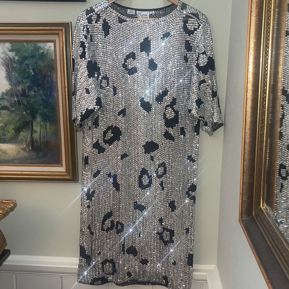 Vintage Sequin Silver Leopard Holiday Dress Size M Kenar Silk Animal Print 80s